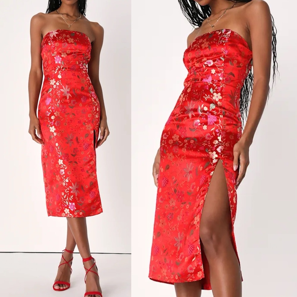 Lulu's Red Strapless Floral Dress